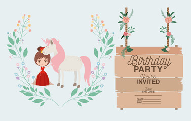 princess with unicorn and label wooden invitation card vector illustration design