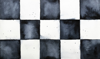 Classic chessboard watercolor sketchy backdrop. Black and white decorative squares with paint splashes and ink drops, handdrawn graphic. Symbol of competition, intelligence, playground of destiny. © Julija