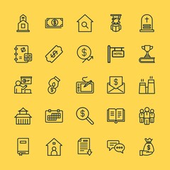 Fototapeta na wymiar Modern Simple Set of business, money, buildings, education Vector outline Icons. Contains such Icons as chat, business, home, business and more on yellow background. Fully Editable. Pixel Perfect.