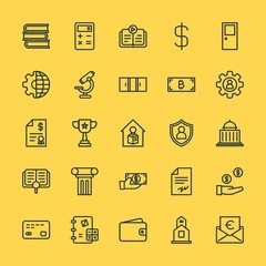 Modern Simple Set of business, money, buildings, education Vector outline Icons. Contains such Icons as  symbol,  credit,  mathematics and more on yellow background. Fully Editable. Pixel Perfect.