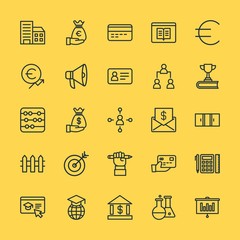 Fototapeta na wymiar Modern Simple Set of business, money, buildings, education Vector outline Icons. Contains such Icons as learn, science, global, school and more on yellow background. Fully Editable. Pixel Perfect.