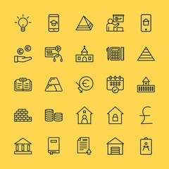 Modern Simple Set of business, money, buildings, education Vector outline Icons. Contains such Icons as  banking, strategy,  building and more on yellow background. Fully Editable. Pixel Perfect.