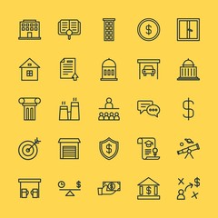 Modern Simple Set of business, money, buildings, education Vector outline Icons. Contains such Icons as  technology,  search, business and more on yellow background. Fully Editable. Pixel Perfect.