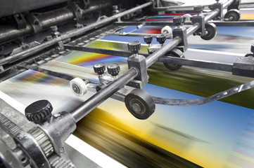 Magazine, Brochure, Poster, Flyer print. Polygraphic process in a modern printing house - obrazy, fototapety, plakaty