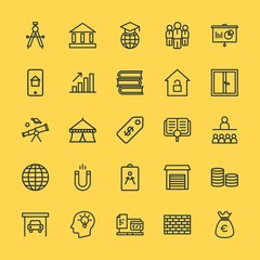 Modern Simple Set of business, money, buildings, education Vector outline Icons. Contains such Icons as  vehicle,  mathematics, money, bag and more on yellow background. Fully Editable. Pixel Perfect.