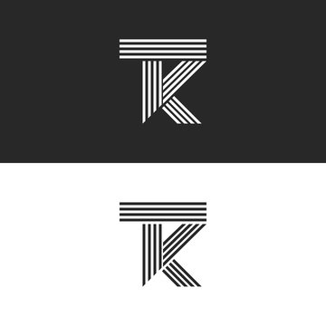 Logo TK letters monogram linear style, combination overlapping two letters T and K . Black and white parallel lines KT minimal style emblem logotype design template.