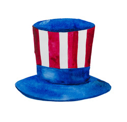 Stylized  Uncle Sam Hat  in the colors of the American flag. Suitable for illustrations related to public holidays. This element will be a good addition to the overall composition. Lincoln`s hat.