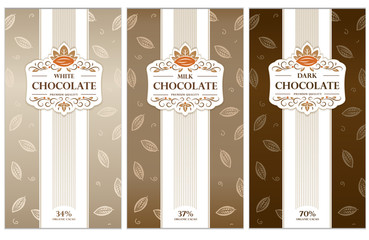 Dark, milk and white chocolate bar design. Elegant chocolate vector packaging. Trendy  product branding template with label.