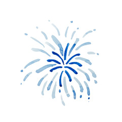 Blue fireworks isolated on white background, painted in watercolor.