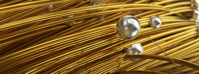 3D illustration gold cords and silver spheres