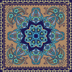 Fantastic flower ornament with paisley in oriental style. Beautiful vector pattern. Design can be used for Card, bandana print, kerchief design, napkin.
