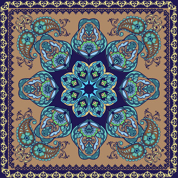 Fantastic flower ornament with paisley in oriental style. Beautiful vector pattern. Design can be used for Card, bandana print, kerchief design, napkin.
