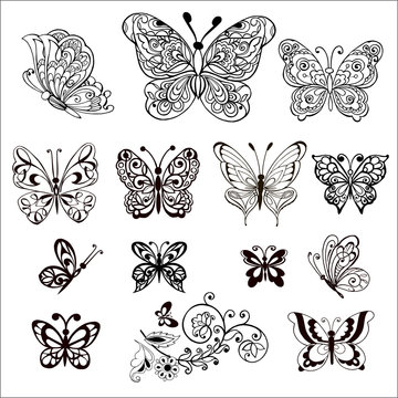 Hand drawn flowers and butterflies for the anti stress coloring page. Large Set of vector decorative butterflies.