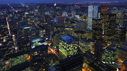 Aerial of downtown Toronto, Canada city center at night