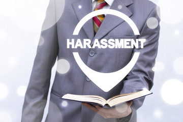 Harassment. Woman Discrimination. Man offers book with location harassment word. Education and...
