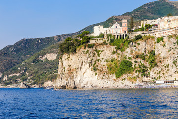 View of the coast in Vico Equense. Hotel Sporting.La chiesa di Santissima Annunziata, Italy