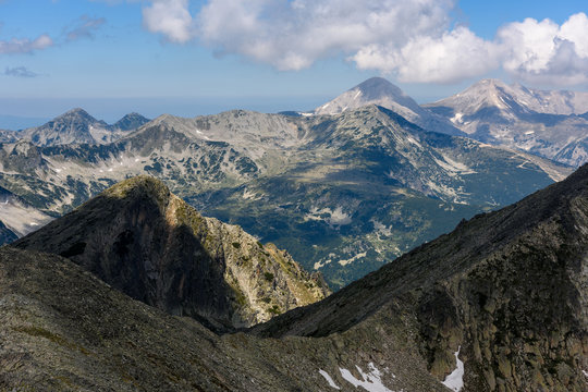 Magnificent mountain landscape - view to Vihren and Kutelo peaks from Polezhan in sunny day, Pirin mountains, Bulgaria