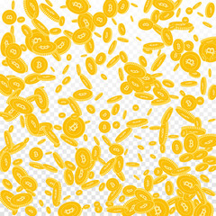 Bitcoin, internet currency coins falling. Scattered disorderly BTC coins on transparent background. Cute scattered pattern vector illustration. Jackpot or success concept.
