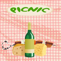 a bottle of wine, cheese, fried meat on a tablecloth background for a picnic