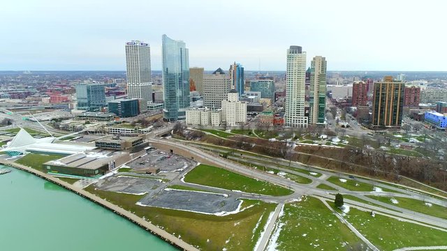 Milwaukee's beautiful, modern city skyline, downtown, aerial view.
