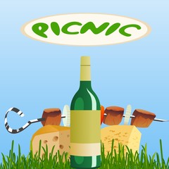 a bottle of wine, cheese, fried meat on the background of grass and sky