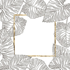 Summer tropical leaves vector design with gold frame. Floral background illustration. Invitation or card design with jungle leaves.
