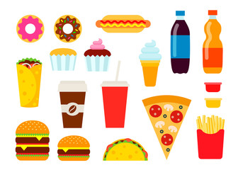 Colorful fast food set in flat style. Junk food vector icons collection. Unhealthy eating illustration.