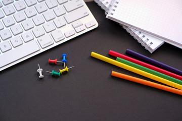 Top view with copy space of an office table with business objects for a work