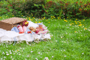 Picnic basket . Eating on green grass and plaid. Spring and vacation. Place for text