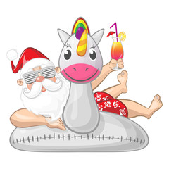 Santa Claus on summer vacation with Unicorn swim ring - wearing sunglasses likes to sunbathing