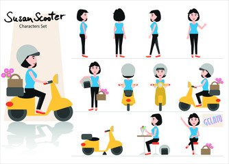 Young Girl sitting on an Italien vintage scooter characters set