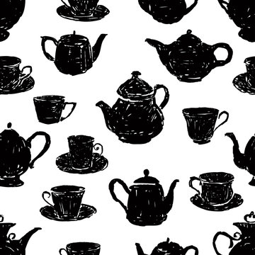 pattern of the silhouettes of teacups and teapots