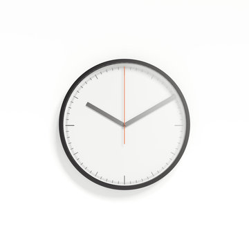 White blackframed clock on white background, 3d rendering