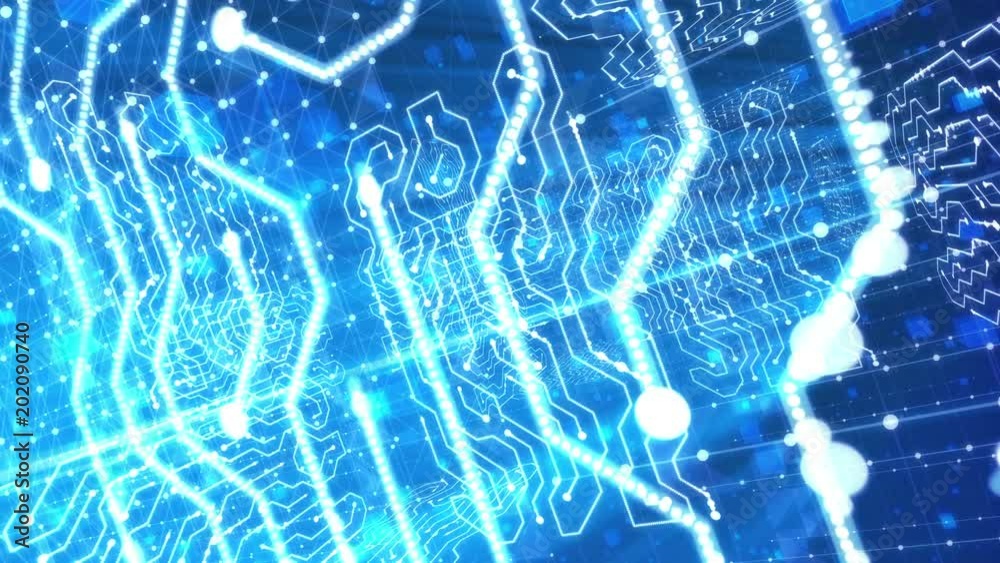 Poster a volumetric 3d rendering of some small object penetrating inside of a blue circuit board with curvy