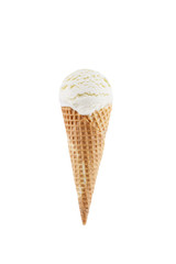 Vanilla ice cream scoop with cone isolated on white background