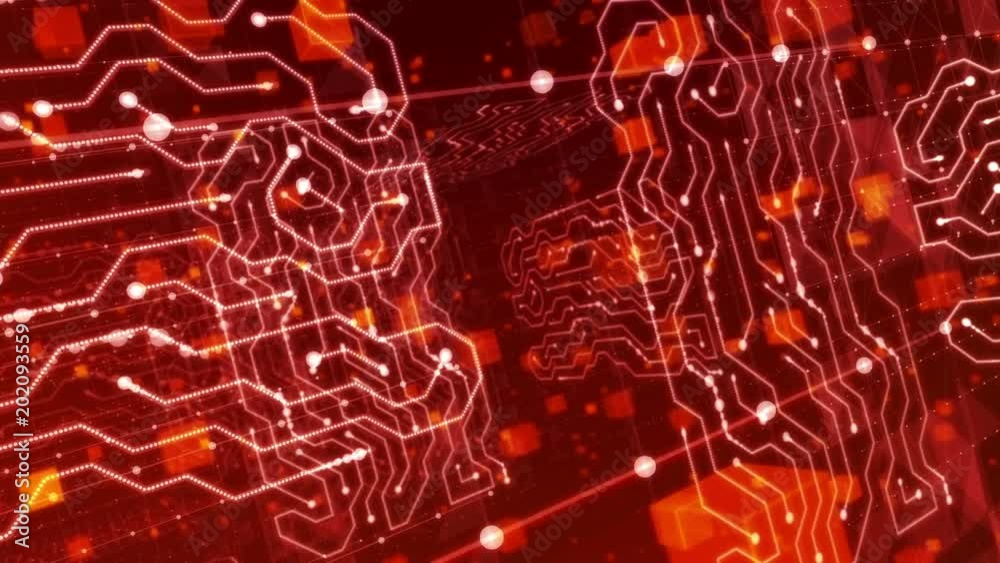Poster a techno 3d rendering of a small object flying inside of a purple circuit board with wavy and straig