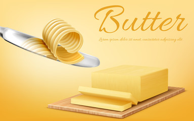 Vector promotion banner with realistic yellow stick of butter on cutting board and metal knife. Slices of margarine or spread, fatty dairy product for cooking and eating. Mockup for brand advertising