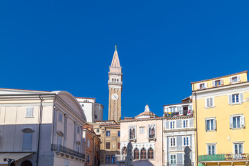 Fototapeta premium Buildings of Piran town on Adriatic sea, one of major tourist attractions in Slovenia, Europe.