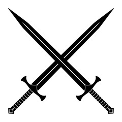 Crossed long-swords silhouette (black) illustration. Simple design. Isolated on white