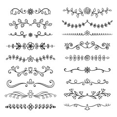 Obraz premium Collection of hand drawn flourish text dividers. Doodle botanical boders for typography design, invitations, greeting cards. Calligraphic and floral design elements.