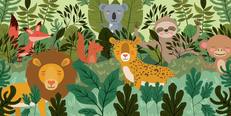 group of animals in the forest scene vector illustration design