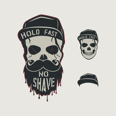 Skull head character. VIntage hand drawn design with cap, beard, mustache and words - hold fasy, no shave. Unusual hipster patch for barbershops poster. Stock vector isolated on retro background