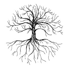 Tree of life - vector illustration with tree and roots silhouette. Hand drawn ink illustration - 202097307