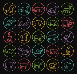 Set of Quality Universal Standard Minimal Simple Color Thin Line Animals on Circles on Black Background 