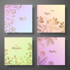Collection of square gold cards with berries. Vector colorful illustration. Can be used for wrapping paper, farmers market, shop, menu, cafe, restaurant, recipes, packaging design.