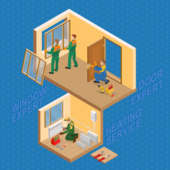 Isometric interior repairs concept. Vector flat 3d illustration.