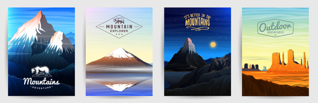 Mountains Peaks card or brochure. Tourism on nature. Landscape early in a daylight. Outdoor hill tops. Set of Vintage Poster or background. template of flyer, book cover and badge.