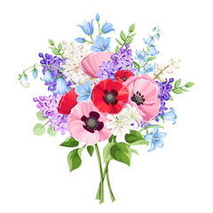 Vector bouquet of red, pink, blue and purple poppies, lilac flowers and bluebells isolated on a white background.