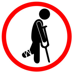 injury risk, injured man in bandage with crutches allowed red circle road sign isolated on white