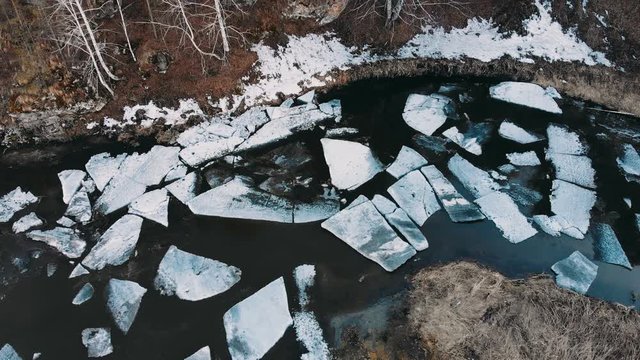 Aero shot. Huge pieces of ice on the river during the ice debacle